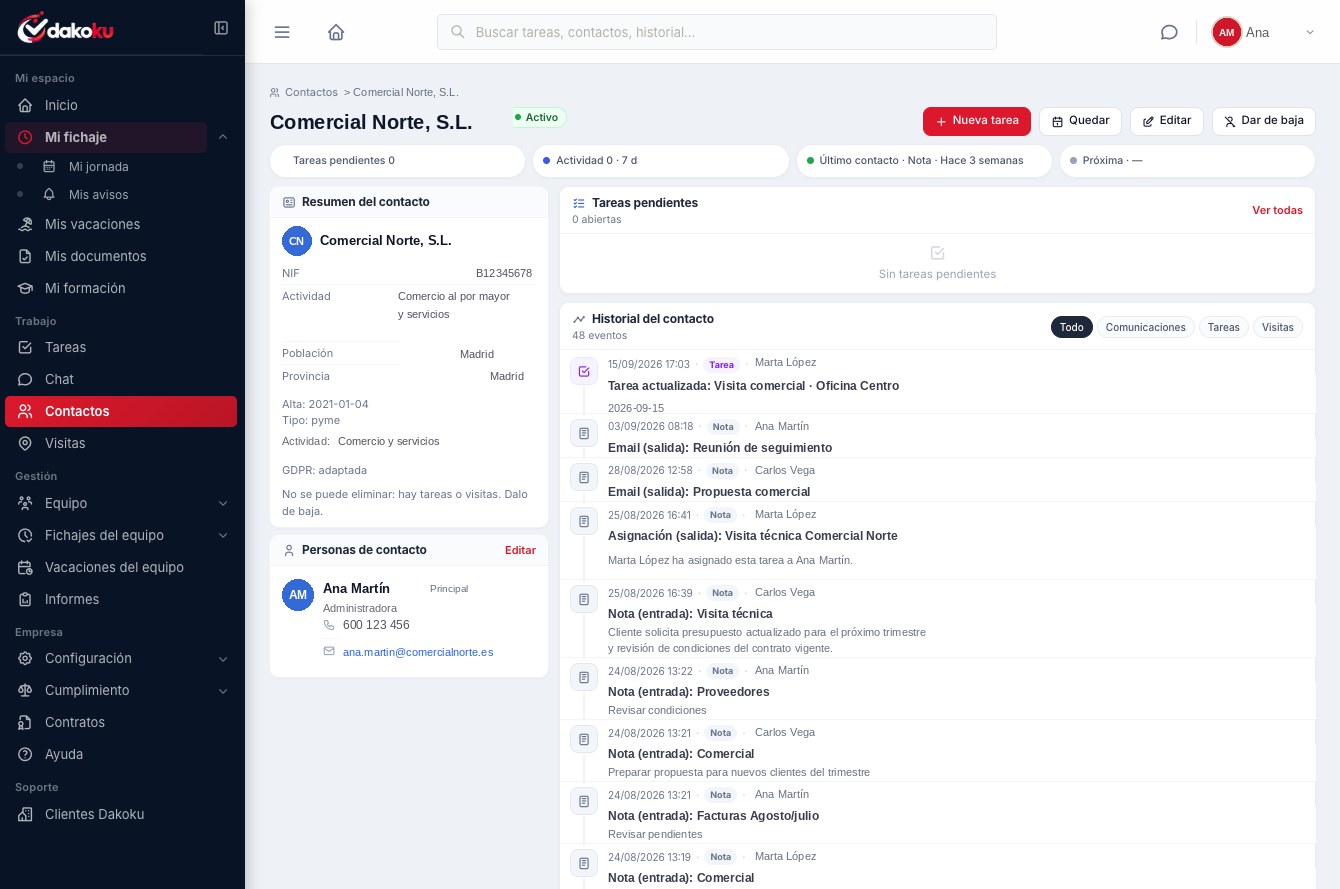 Ficha de contacto con historial de actividad en DAKOKU (ejemplo)