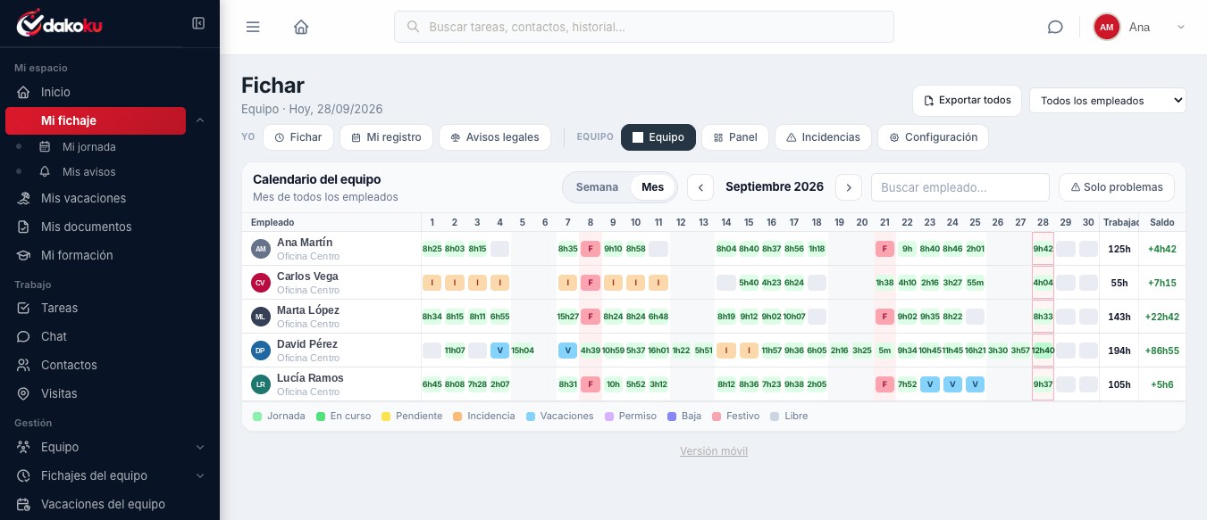 Calendario de fichajes del equipo en DAKOKU (ejemplo)
