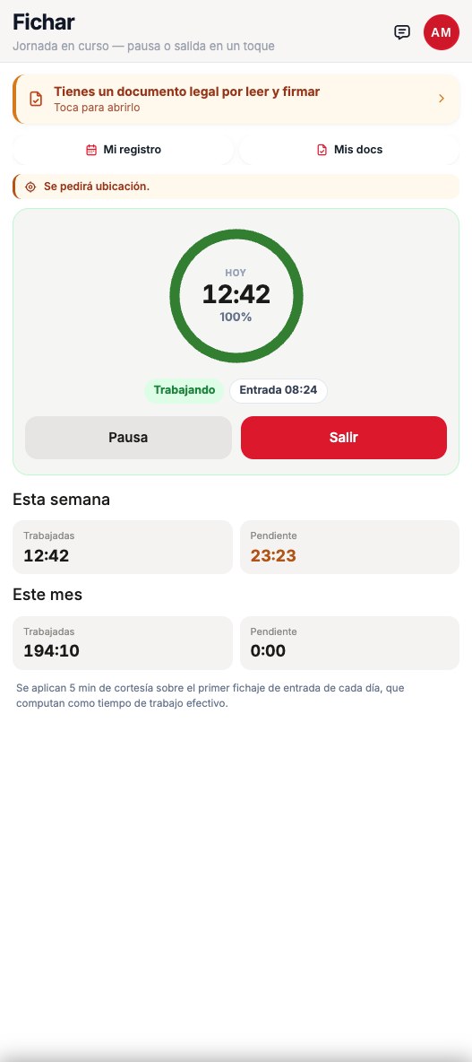 Fichar en el móvil DAKOKU: jornada en curso, pausa y salir (ejemplo)