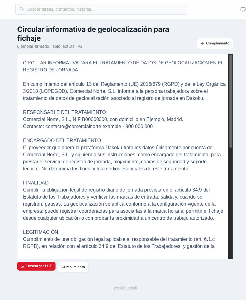 Documento laboral firmado en DAKOKU (ejemplo)