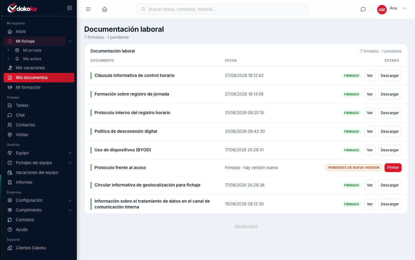 Listado de documentación laboral con acuses en DAKOKU (ejemplo)