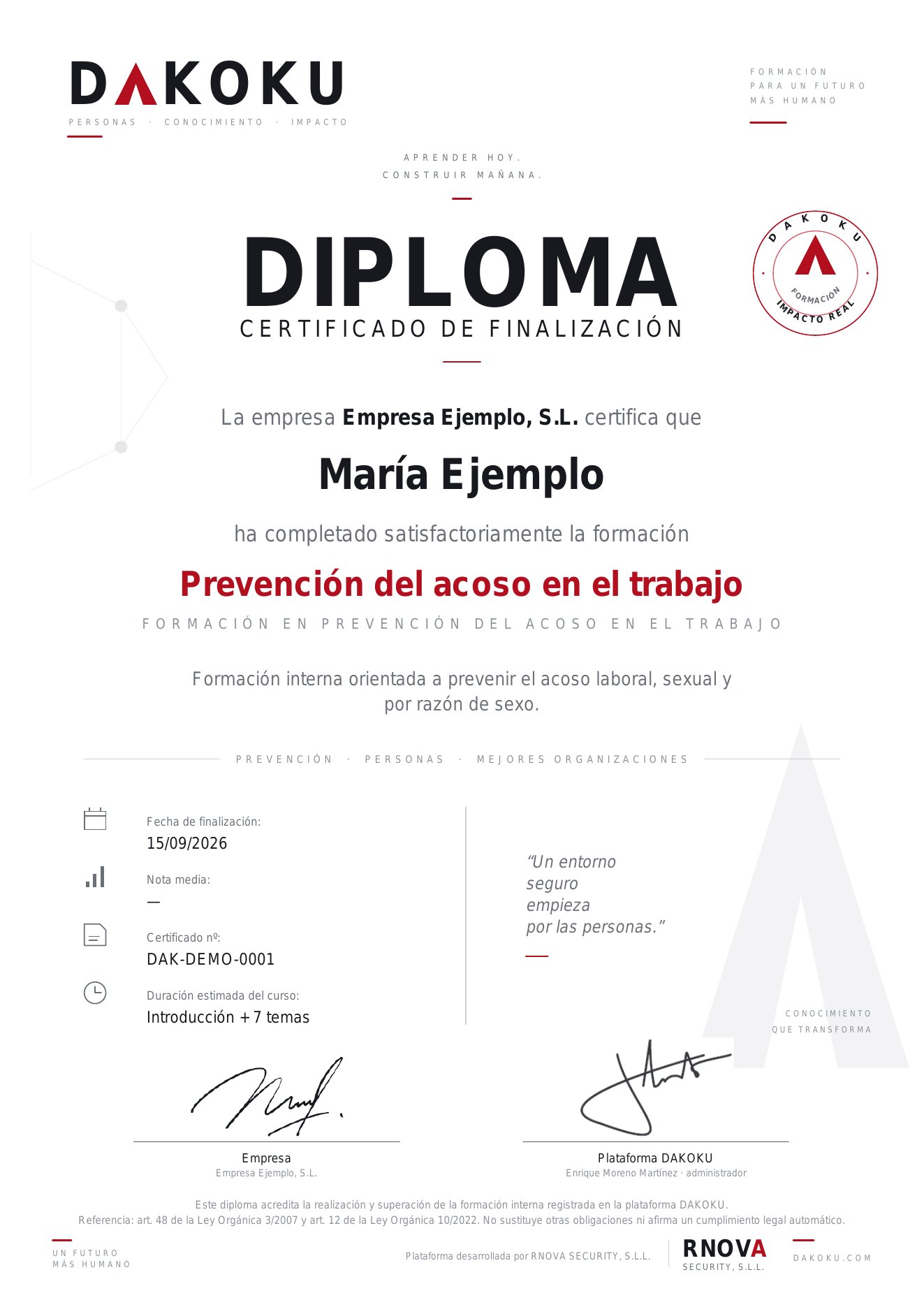 Diploma de ejemplo: Prevención del acoso en el trabajo