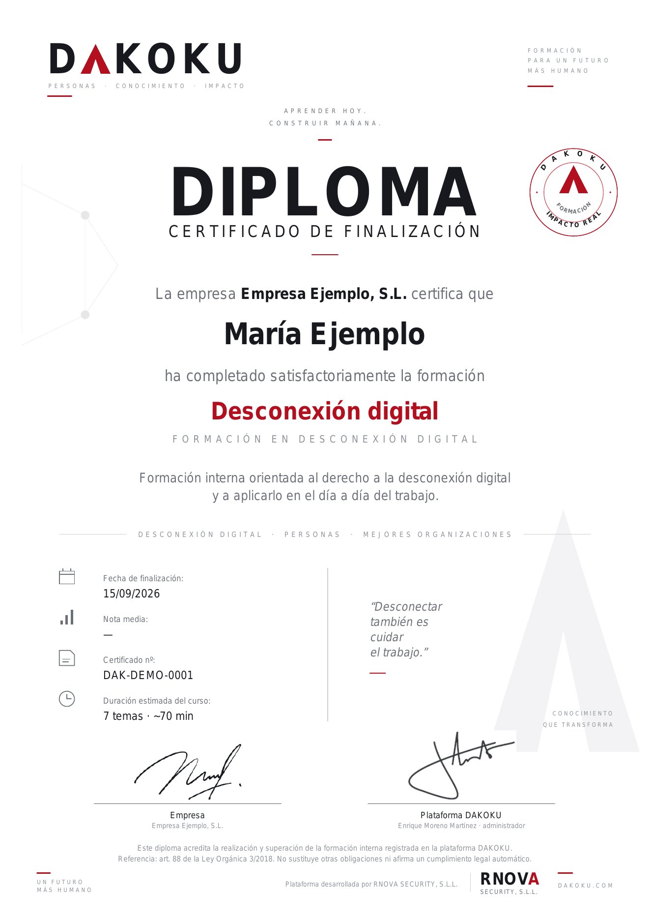 Diploma de ejemplo: Desconexión digital