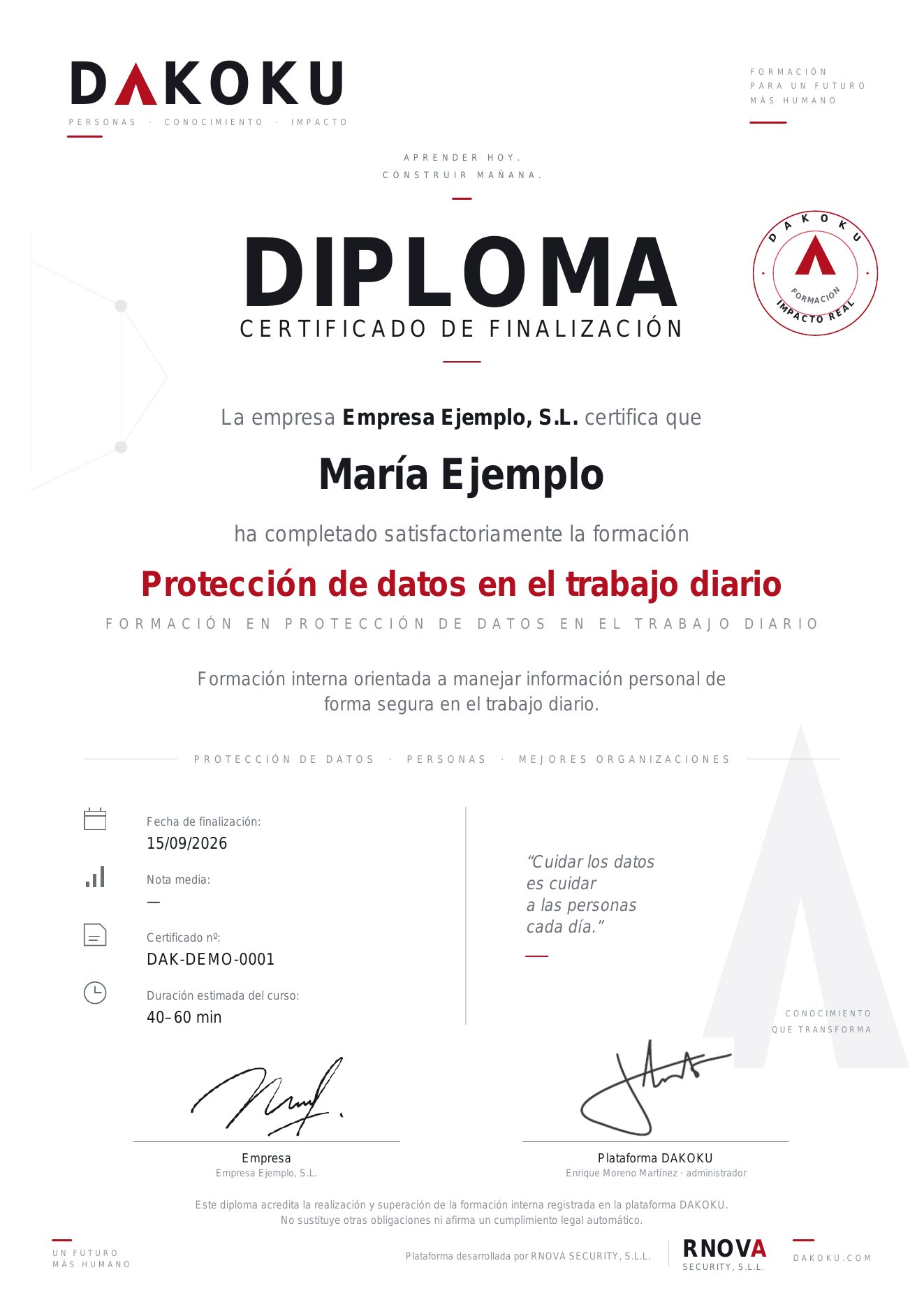 Diploma de ejemplo: Protección de datos en el trabajo diario