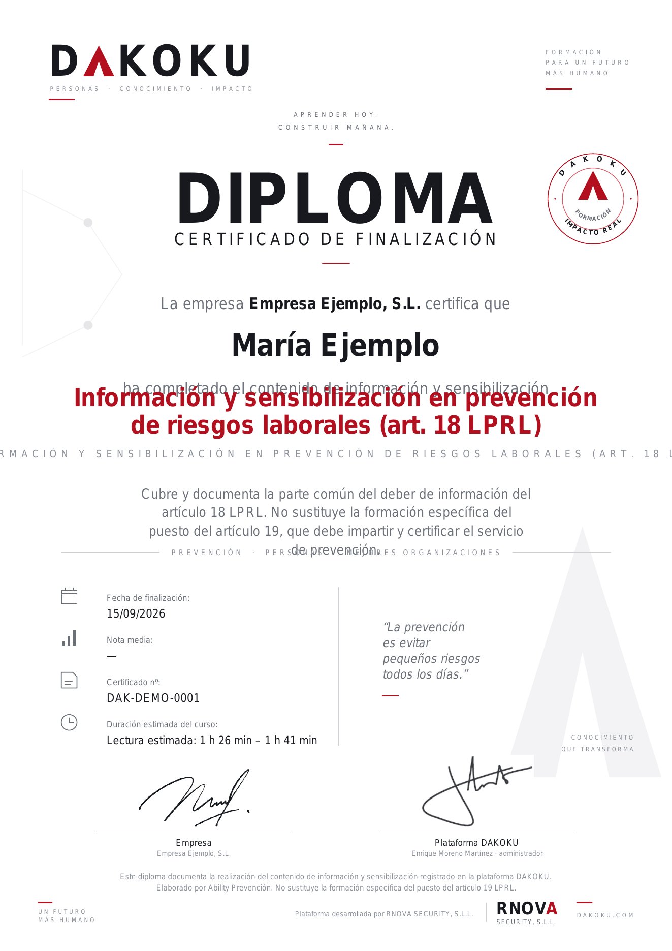 Diploma de ejemplo: Información y sensibilización en prevención de riesgos laborales (art. 18 LPRL)