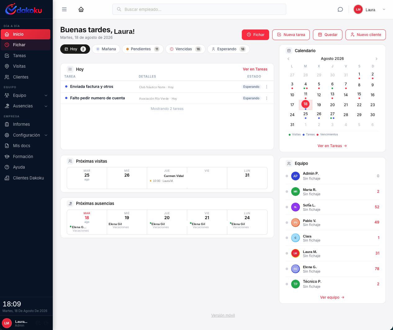 Inicio de DAKOKU: cockpit con Hoy, calendario y equipo