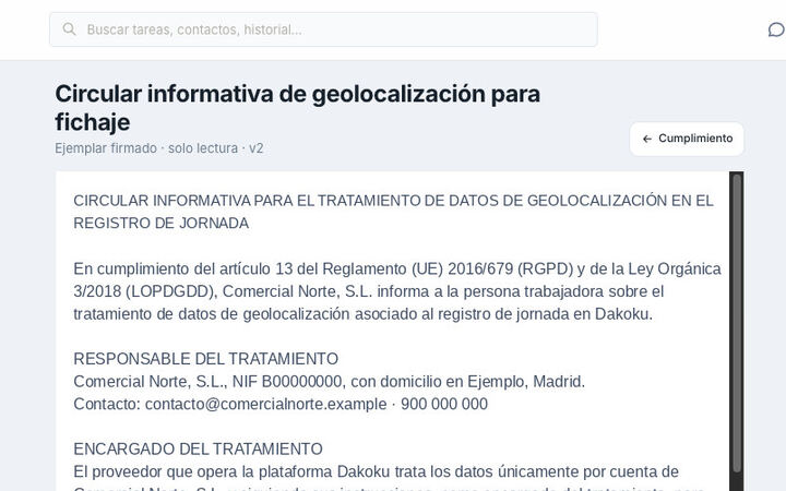 Documento laboral firmado en DAKOKU (ejemplo)