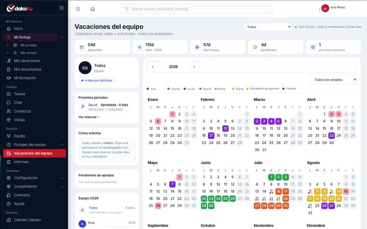 Calendario de vacaciones del equipo en DAKOKU (ejemplo)