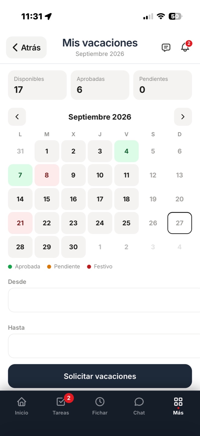 Mis vacaciones en el móvil DAKOKU: saldo, calendario y solicitud (ejemplo)