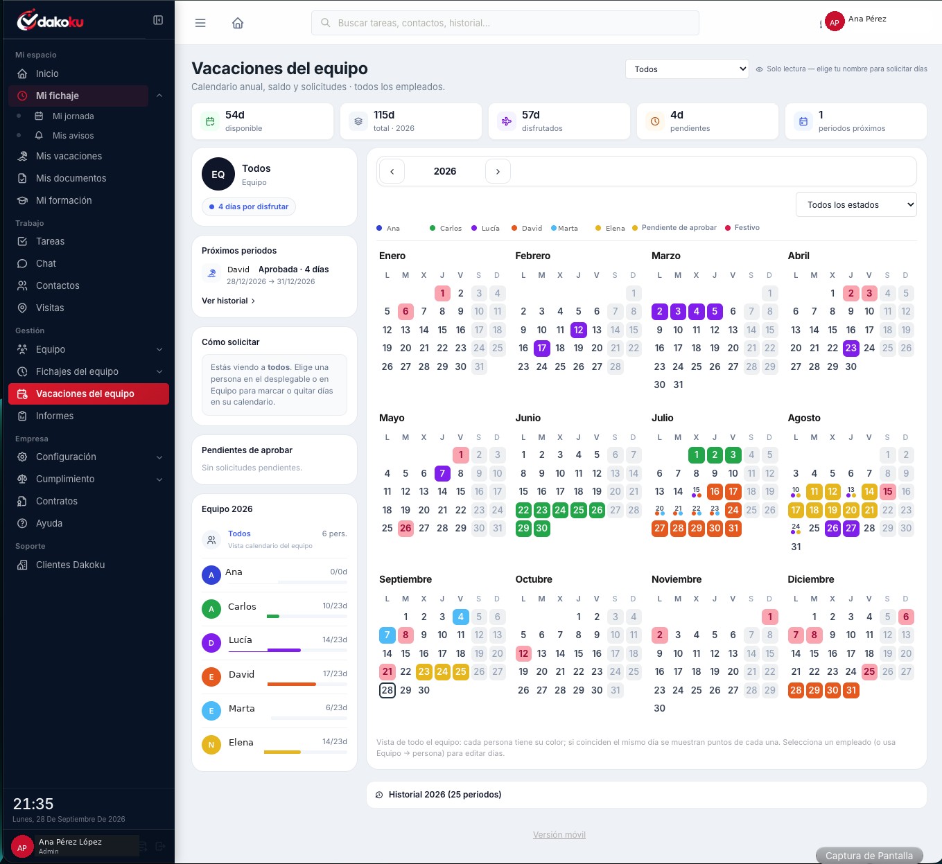 Calendario anual de vacaciones del equipo en DAKOKU (ejemplo)